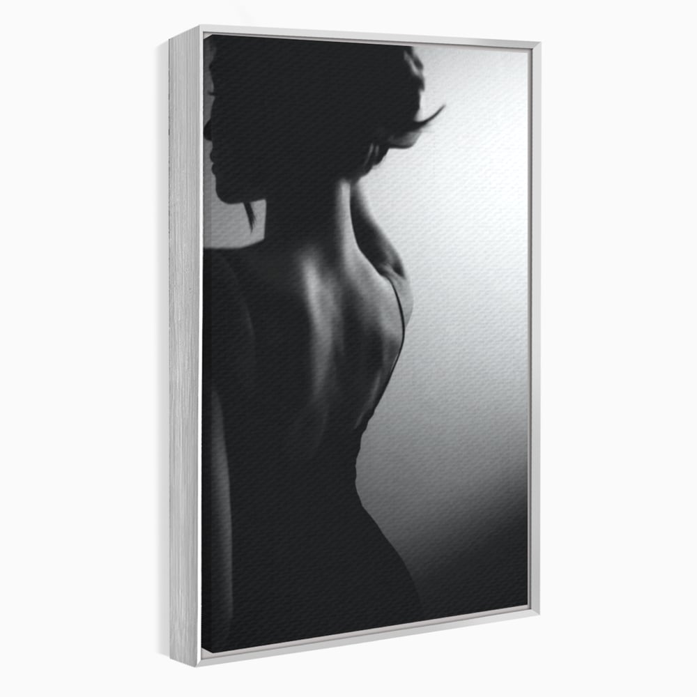 Tablou canvas cu tablou canvas cu silueta feminina monocroma, in rama de aluminiu argintiu